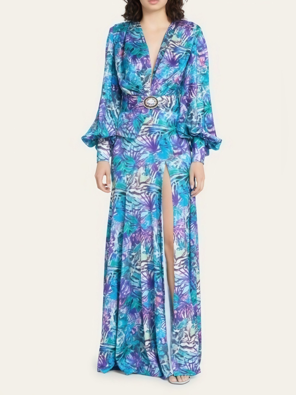 Bronx & Banco Carmen Botanical Belted Printed High Sleeve V Neck Maxi Gown NWOT